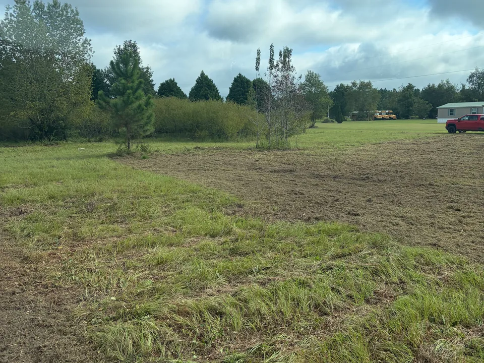 Lot cut down near a mobile home, mobile home pad site
